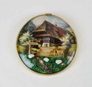 Vintage Round Convex Bubble Glass Picture Diorama Black Forest Chalet Deer 5”