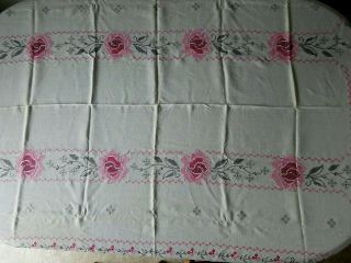 Vintage Hand Made Linen Rose Cross - Stitch Banquet Tablecloth 72 " X84 "