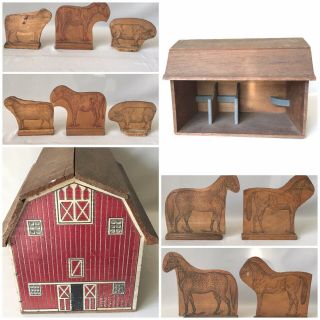 Vintage 12 - 1/2” X 9” X 8 - 1/2” Handmade Wooden Barn W/2 Stalls/5 Animals
