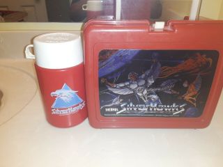 1986 Vintage Silver Hawks Lunch Box Thermos Red Plastic Complete Set