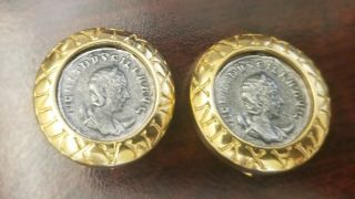 Vintage Carolee Roman Coin Clip On Earrings Signed Gold Tone Silver Tone Rare.