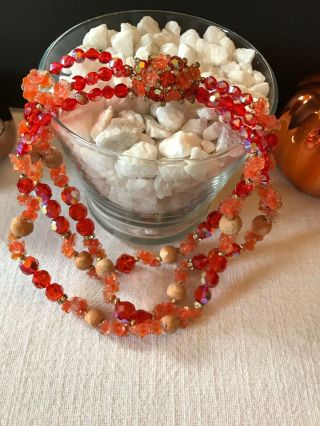 Designer Vintage Vendome Art Glass Orange Crystal Flower Beaded Necklace Choker