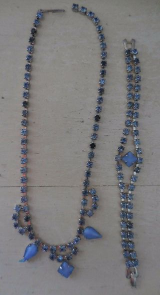 Vintage Blue Rhinestone Moonstone Choker Necklace Bracelet Set