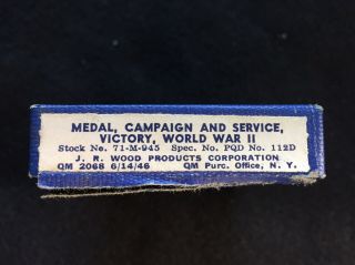 VINTAGE WWII Campaign & Service,  Victory Medal & Ribbon Bar Box Dated 6/14/46 5