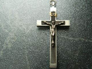 Antique Vintage Christian Pectoral Cross Crucifix Wood Inlay 3.  5 "
