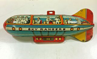 Vintage Sky Rangers Tin Litho Wind Up Toy Blimp Airship Zeppelin