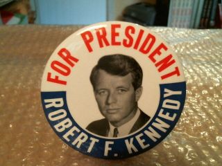 " For President " Robert F.  Kennedy Vintage 3 1/2 " Photo Pinback - 1968