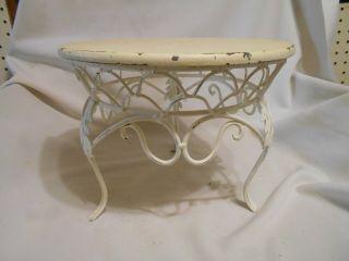 Vintage 3 Footed White Washed Fancy Metal With Wood Top Plant Stand / Foot Stool