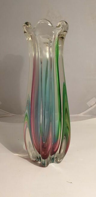 Vintage Murano Tri Coloured Art Glass Vase 1.  6kg Green Pink Blue