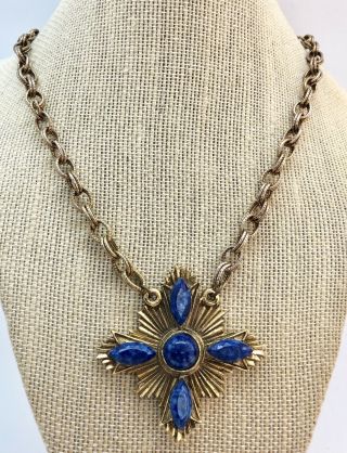 Blue Lapis Faux Gold Tone Medal Necklace Vintage 1960’s Estate