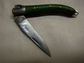 Vintage Laguiole Pocket Knife With Green Handle And Fly Emblem On Top