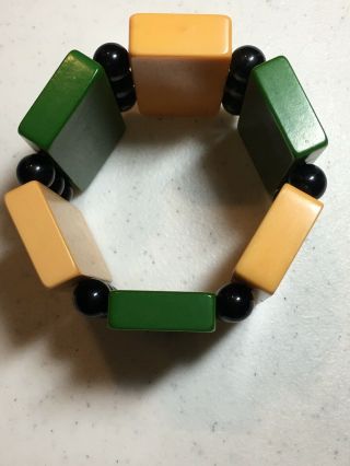 GREAT VINTAGE YELLOW & GREEN BAKELITE DOMINO STRETCH BRACELET “COLORFUL” 7