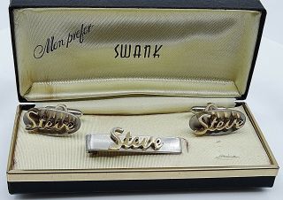 Steve Name Vintage Cufflinks Tie Clip Bar Set Swank Nos Box 1950s