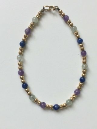 Vintage 1980s Semiprecious Beads & 14k Yellow Gold Beads W/14k Clasp Bracelet 7”