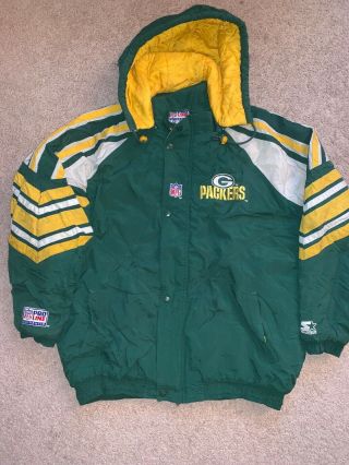 Vintage Starter Pro Line Green Bay Packers Spellout Nfl Winter Jacket Mens Sz Xl