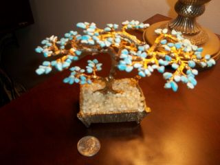Vintage Stunning Swoboda Gold Bonsai Tree Carved Turquoise Flowers