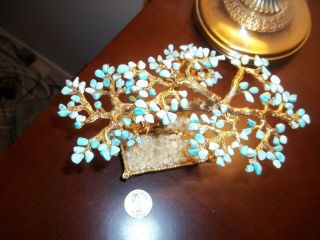 Vintage Stunning Swoboda Gold Bonsai Tree Carved Turquoise Flowers 2