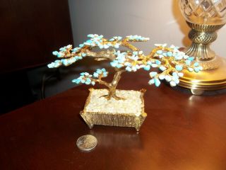 Vintage Stunning Swoboda Gold Bonsai Tree Carved Turquoise Flowers 3