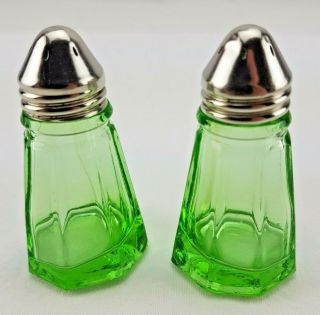 Vintage Vaseline Uranium Depression Glass Salt And Pepper Shakers - Hazel Atlas