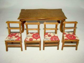 Shackman 1970s Dollhouse Miniature Wood Dining Table & 4 Matching Chairs