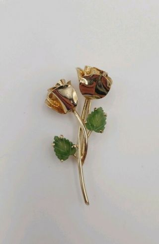 Vintage Gold Tone Rose Flower Leaf Brooch Pin 2 " Long