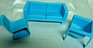 Vintage Mattel Barbie Townhouse Mod Furniture Couch & 2 Chairs Rare Blue