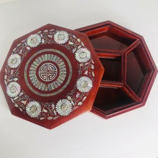 Vintage Korean Red Lacquer W/ Mother Of Pearl Inlay Octagon Bento / Keepsake Box