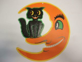 Vintage Beistle Halloween Die Cut Decoration Cat & Moon 14 " Very