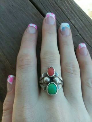 Vintage Native American Turquoise And Coral Ring