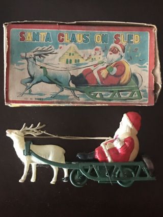 Vintage 1950’s Santa Claus On Sled Celluloid Windup Japan Boxed - Celluloid