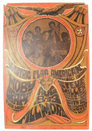 Vtg Fillmore Bill Graham Concert Poster 1st 1967 Electric Flag Moby Grape 77