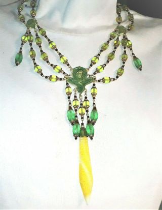 Vintage Czech Art Nouveau Lady Necklace Lime Green Glass Beads
