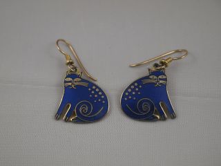 Vintage Laurel Burch " Keshire Cat " Blue Enamel Goldtone Dangle Earrings