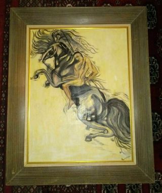 Vintage Mid Century Horse And Rider Painting On Canvas Framed Dated 1962