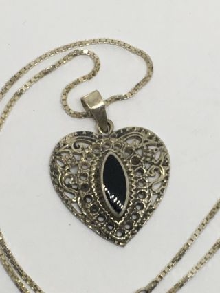 Sterling Silver 24” Onyx Heart Pendant Necklace Vtg 6.  77gb (32 - 15)