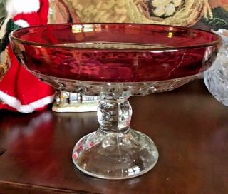 Vintage Kings Crown Thumbprint Ruby Cranberry Footed Compote Fruit Bowl Large