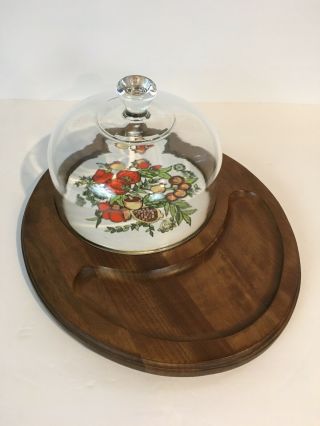 Vintage Oval Wooden Cheese Board Ceramic Tile & Glass Dome Cover Retro 1960 