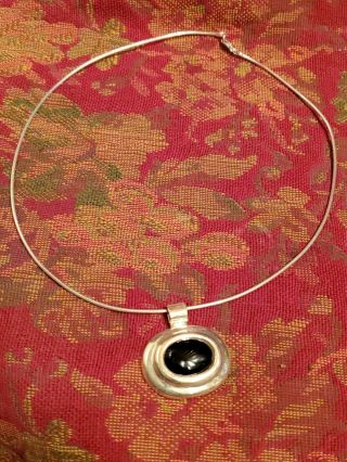 Vintage Italy Sterling Silver Omega Necklace Oval Black Onyx Pendant Estate