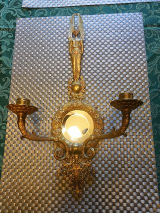 Vintage Brass Art Nouveau Double Candle Wall Sconce W/ Beveled Mirror