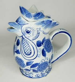 Vintage,  Blue And White Ceramic Rooster Pitcher,  Perfect