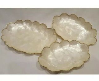 Vintage Set Of 3 Capiz Shell Vanity Trays With Scalloped Edge & Gold Trim