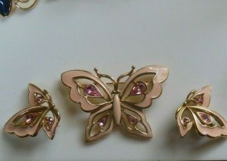 Vintage Trifari Gold - Tone Pink Enamel & Rhinestone Butterfly Brooch & Earrings