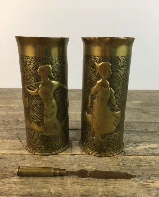 Two Vintage Ww1 Trench Art Brass Shells With A Trench Art Letter Opener.