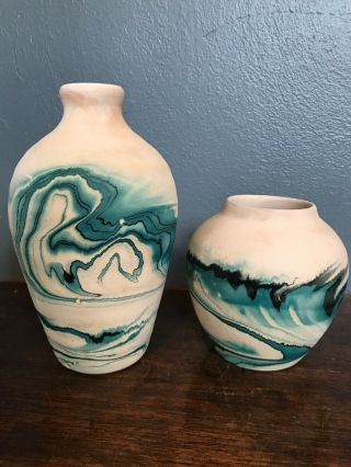 Pair (2) Vintage Nemadji Hand Made Blue,  Green,  & Black Swirl Pottery Vases