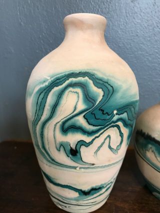 Pair (2) Vintage Nemadji Hand Made Blue,  Green,  & Black Swirl Pottery Vases 2