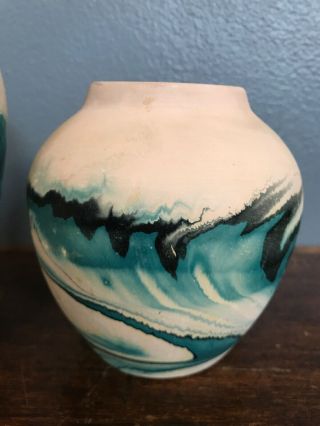 Pair (2) Vintage Nemadji Hand Made Blue,  Green,  & Black Swirl Pottery Vases 3