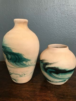 Pair (2) Vintage Nemadji Hand Made Blue,  Green,  & Black Swirl Pottery Vases 4