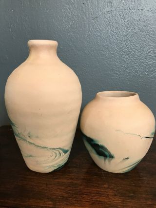 Pair (2) Vintage Nemadji Hand Made Blue,  Green,  & Black Swirl Pottery Vases 5