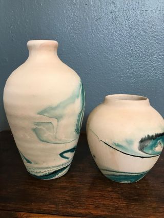 Pair (2) Vintage Nemadji Hand Made Blue,  Green,  & Black Swirl Pottery Vases 6