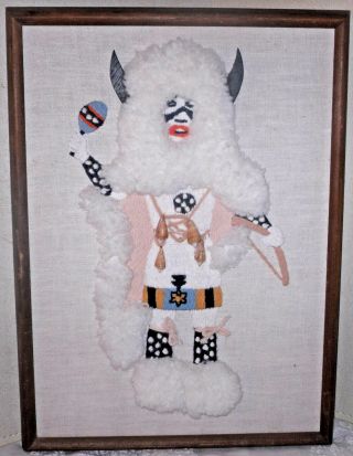Vtg Crewel Embroidery Kachina White Buffalo Framed Wall Hanging Mid Century 70 